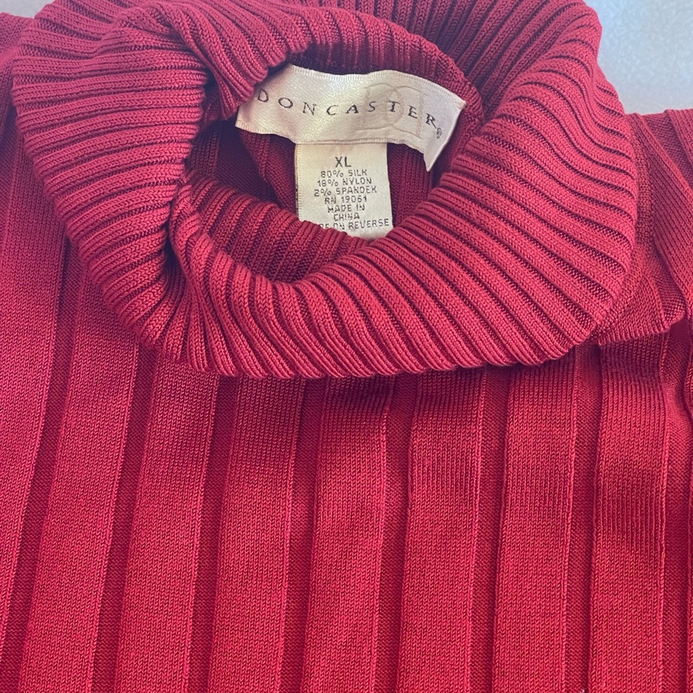 Red Silk Blend Ribbed Turtleneck Sweater XL Stretch Knit Minimalist Luxury Chic - Picture 4 of 14
